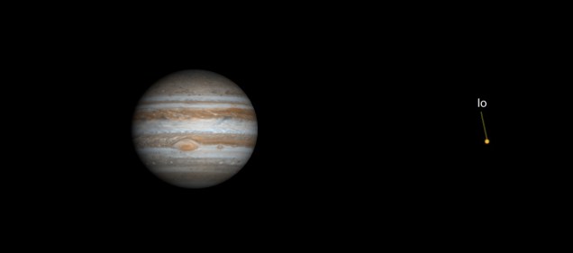 Image: Jupiter and moon Io as they will appear at about 10 PM on July 21, 2018. The Great Red Spot will be front-and-center. Image: Gas Giants simulation.