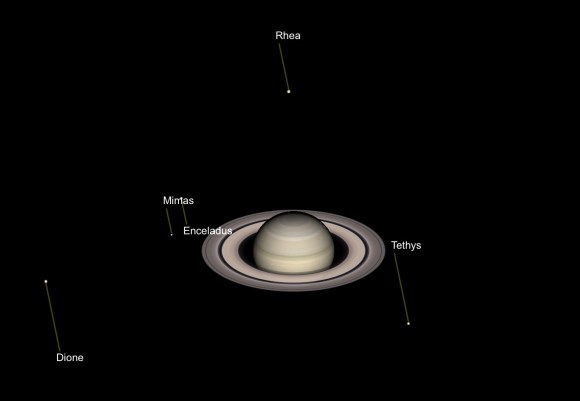 Illustration: Saturn and Some Moons as they will appear at 10 PM, August 18, 2018. Simulation by Gas Giants.