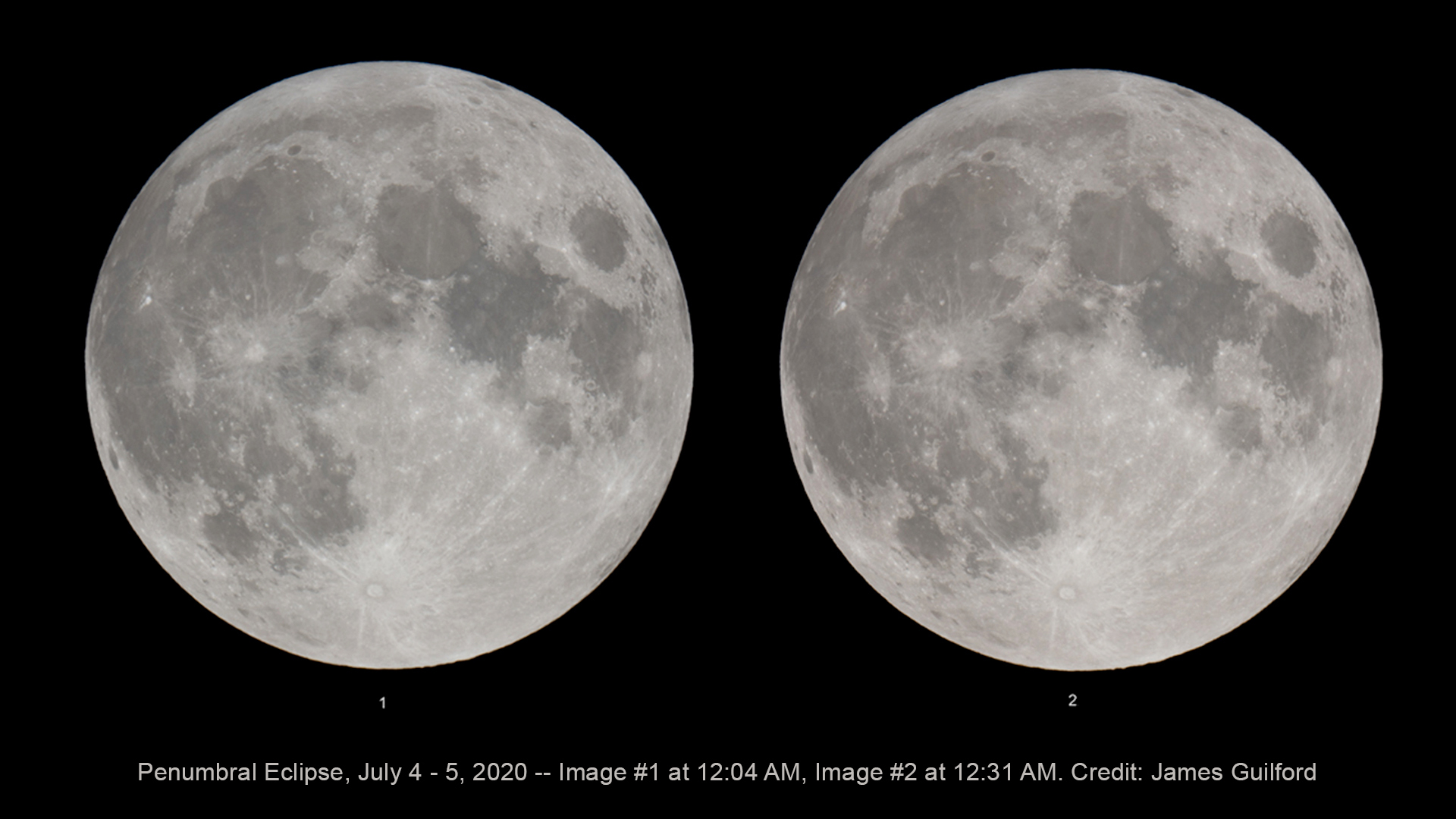 Little difference can be seen between an earlier stage and the maximum eclipse state of the July 4 - 5, 2020 penumbral lunar eclipse. Photos by James Guilford.