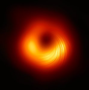 The Event Horizon Telescope (EHT) collaboration, who produced the first ever image of a black hole released in 2019, has today a new view of the massive object at the centre of the Messier 87 (M87) galaxy: how it looks in polarised light. This is the first time astronomers have been able to measure polarisation, a signature of magnetic fields, this close to the edge of a black hole.  This image shows the polarised view of the black hole in M87. The lines mark the orientation of polarisation, which is related to the magnetic field around the shadow of the black hole.